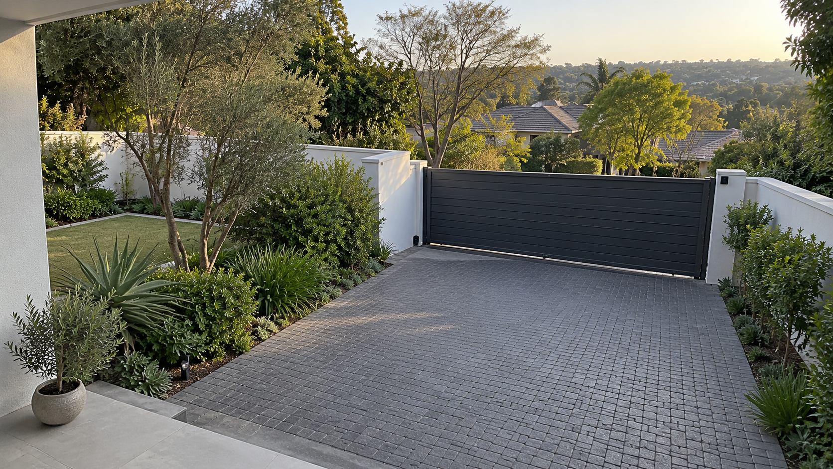 Illustrative driveway with a closed gate, not a live camera